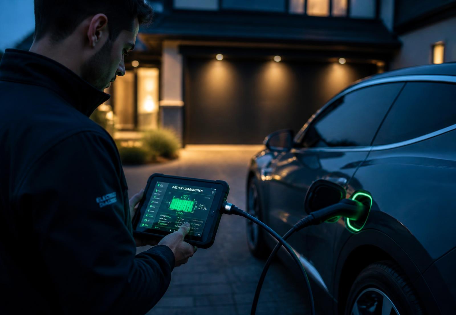 Technicus leest met een diagnosetablet de batterijgegevens uit van een elektrische auto op locatie